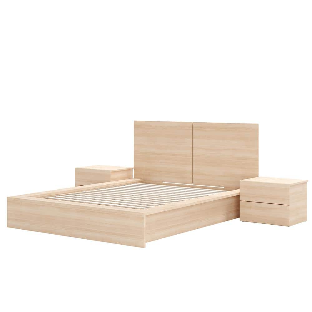 Light Brown Wood Queen Platform Bed with Nightstands