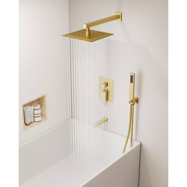 Double Handles 3-Spray 10 in. Wall Mount Shower Head Tub and Shower Faucet in Brushed Gold (Valve Included)