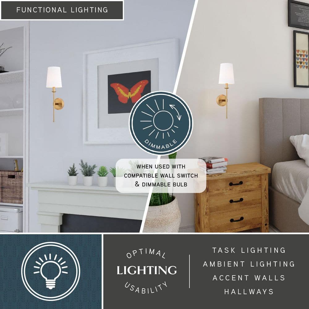 Camden Brass Gold Wall Sconce with White Linen Shade