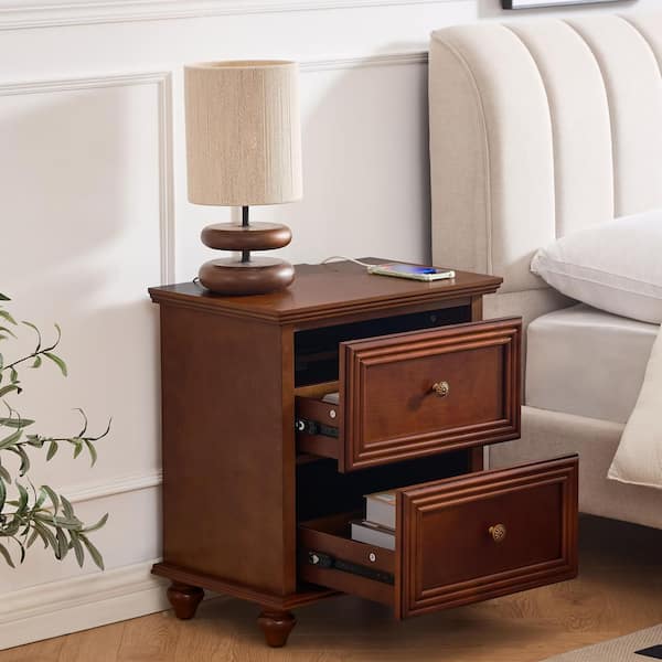 McDaniel Walnut 2-Drawer Mid Century Nightstand, Beside Table with with Charging Station and Outlet Hole