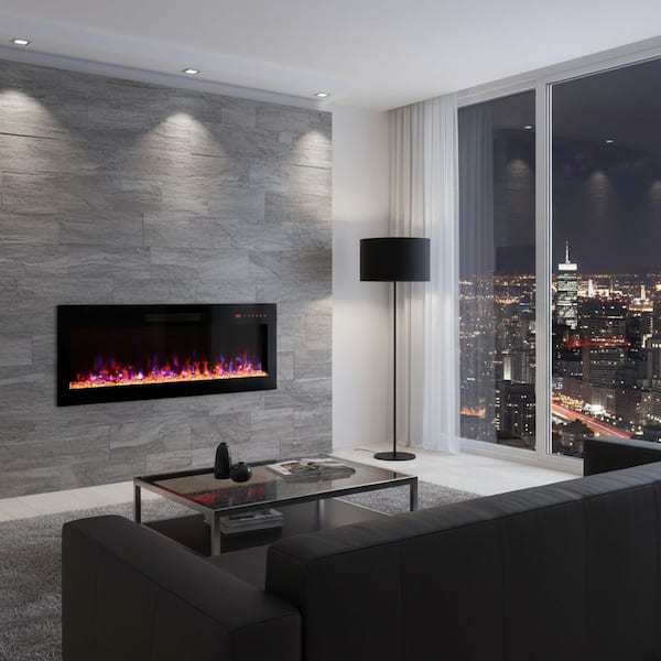 Clihome Ultrathin 42 in. W Wall Mounted Metal Electric Fireplace in Black with Tempered Glass Screen and Mixed Flames