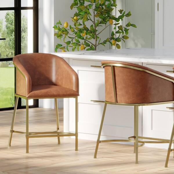 Hampton Modern Bar Stool, Faux Leather and Gold Finish Metal Frame - Brown