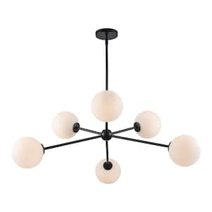 39 in. 6-Light Black Sputnik Pendant Light Fixture with Opal Glass Globe Shades