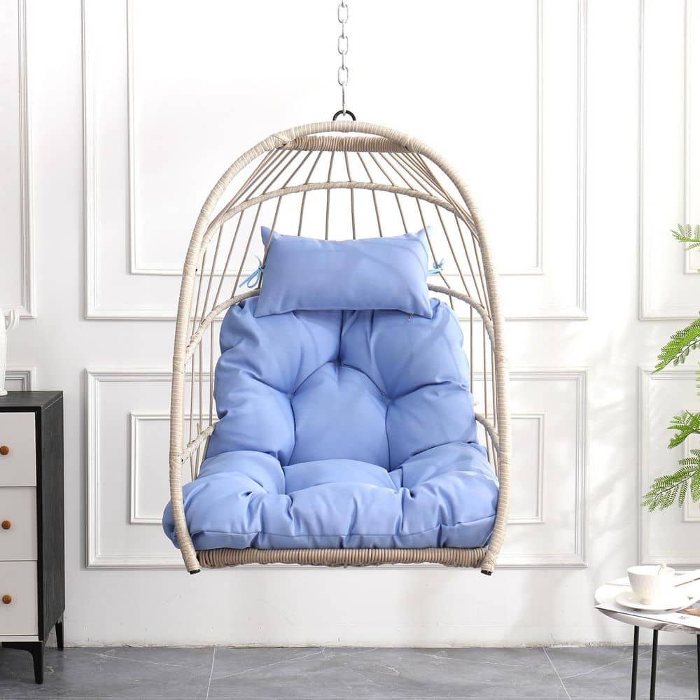 HDPE Metal Outdoor Rocking Chair with Blue Cushions, Garden Rattan