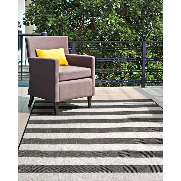 Haylie Chevron Striped Black 5 ft. x 8 ft. Indoor/Outdoor Patio Area Rug