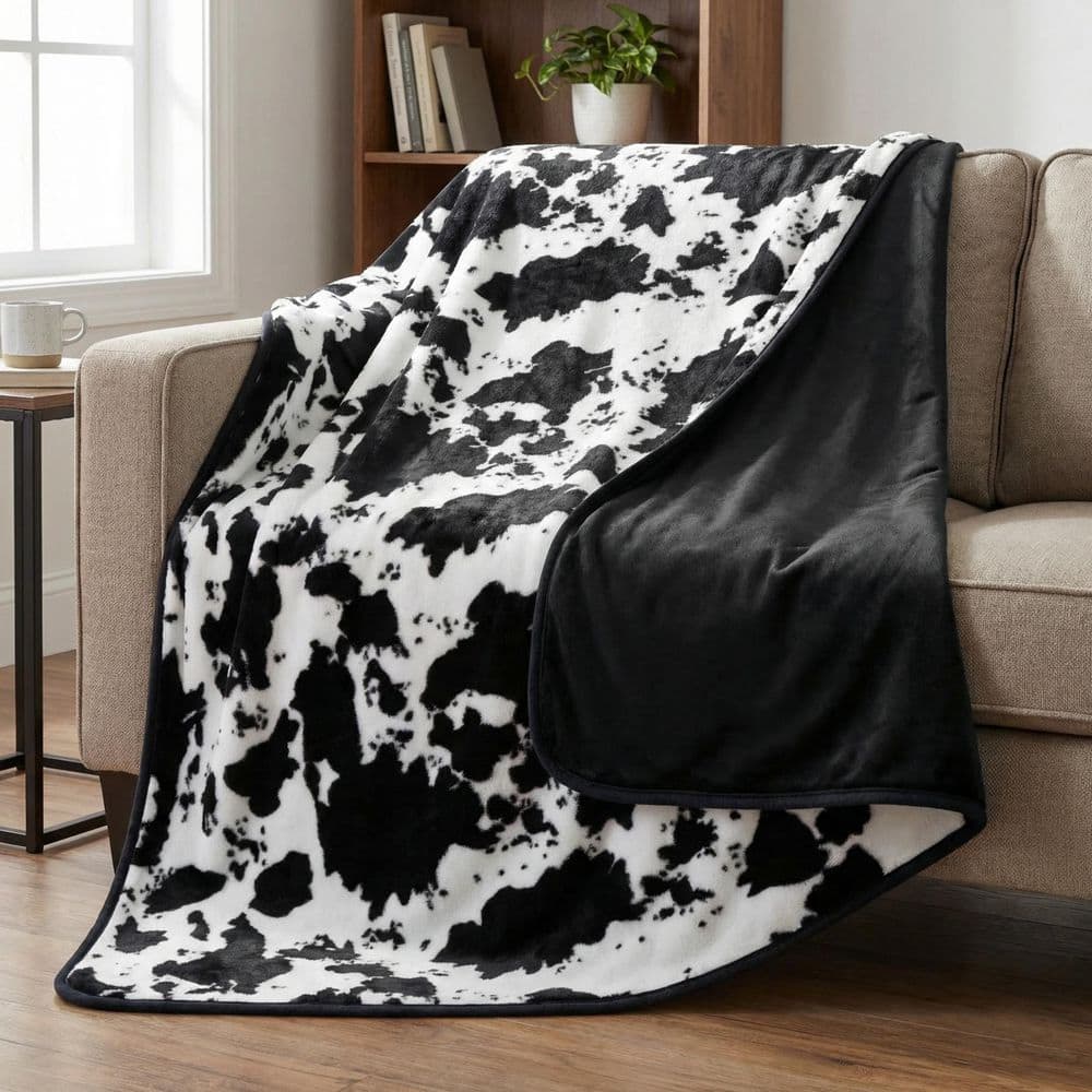 Lavish Home Black and White Cow Print 80 x 60 Waterproof Blanket