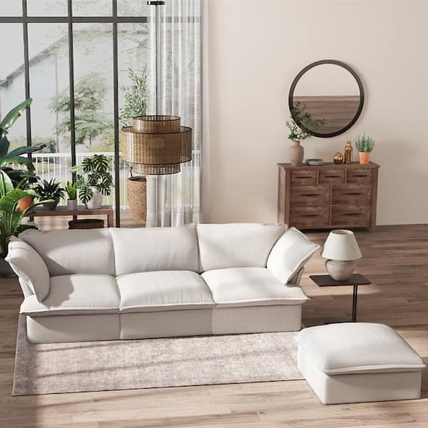 Magic Home 122.8 in. Flared Arm 4-Piece Linen L-Shaped Deep Seat Cloud Couch Pine Wood Sectional Sofa in White with Storage Ottoman