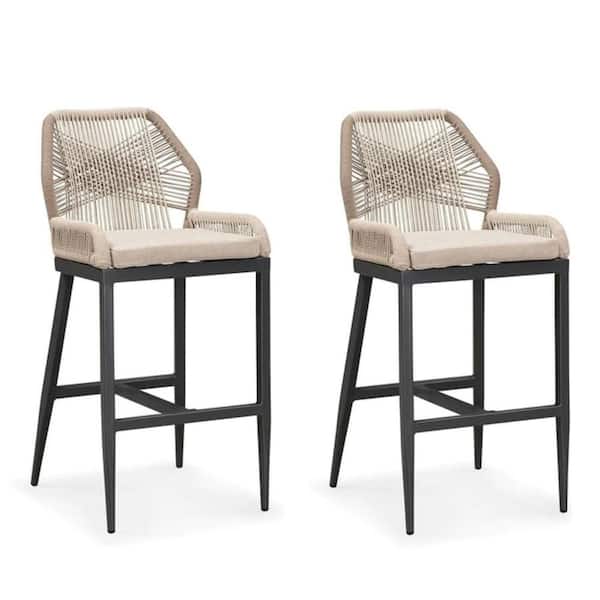 Modern Aluminum Twill Wicker Woven Bar Height Outdoor Bar Stool with Back and Beige Cushion (2-Pack)