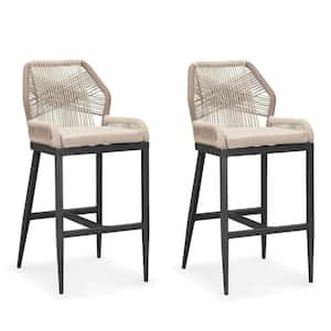 Modern Aluminum Twill Wicker Woven Bar Height Outdoor Bar Stool with Back and Dark Gray Cushion (2-Pack)