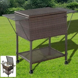 Portable Rattan Cooler Cart Trolley Outdoor Patio Ice Drink Serving Cart