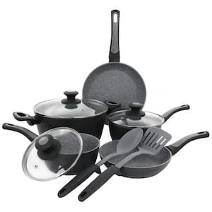 10-Piece Non-Stick Aluminum Cookware Set in Black and Grey Speckle
