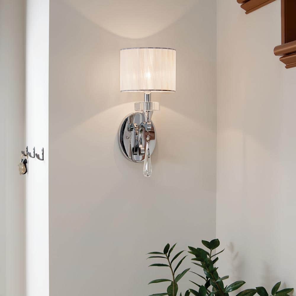 Chrome and White Fabric Shade Wall Sconce with Crystal Accents
