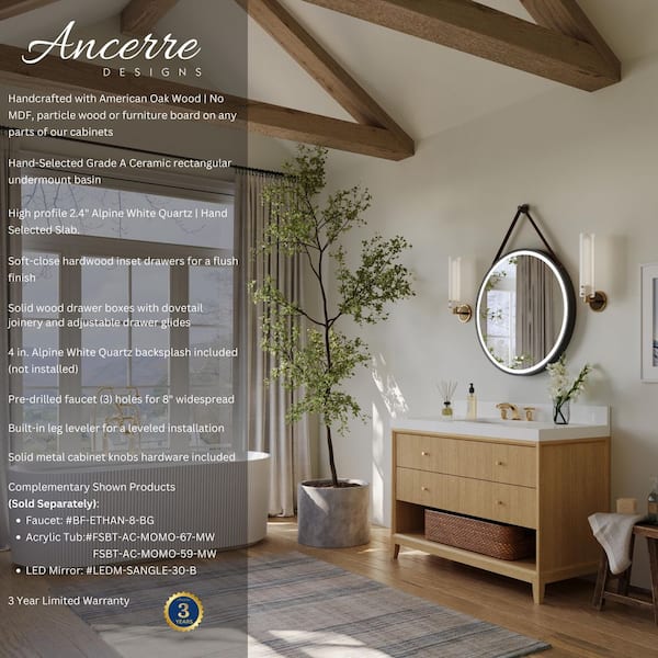 Momo 48 in. W Single Sink Freestanding Bath Vanity in American Oak with Alpines White Quartz Top