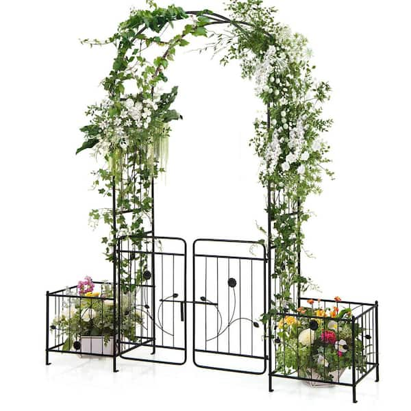 87 in. Metal Garden Arbor Arched Lockable Gate Top Arbor Trellis with Side Planters