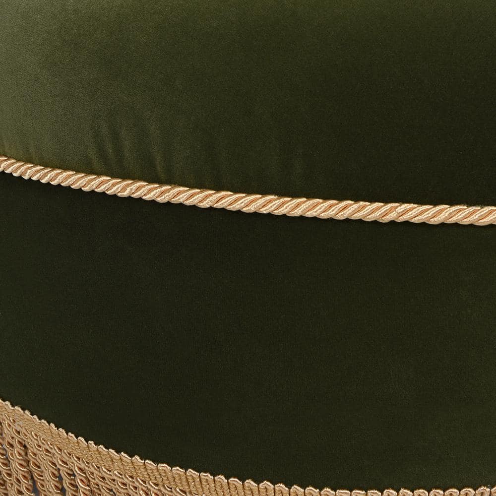 Olive Green Velvet Tufted Round Ottoman with Fringe