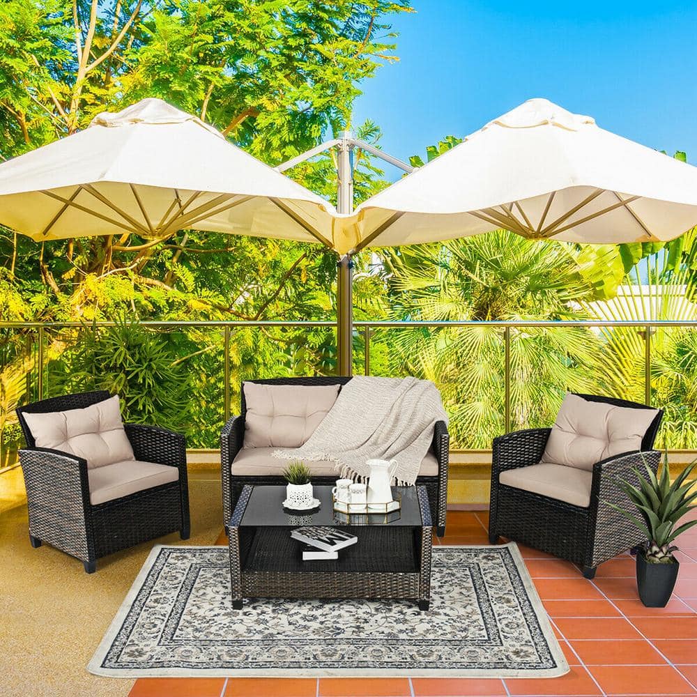 4-Piece PE Rattan Wicker Patio Conversation Set with Khaki Cushions, Temper
