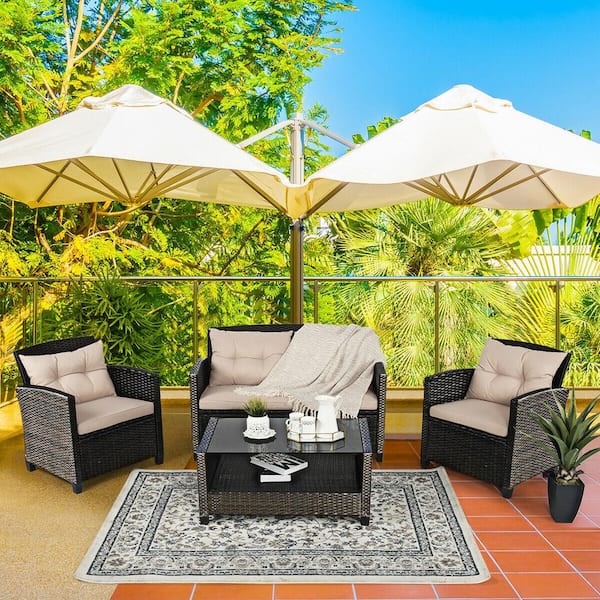 ANGELES HOME 4-Piece PE Rattan Wicker Patio Conversation Set with Khaki Cushions, Tempered Glass Tabletop and Open Shelf