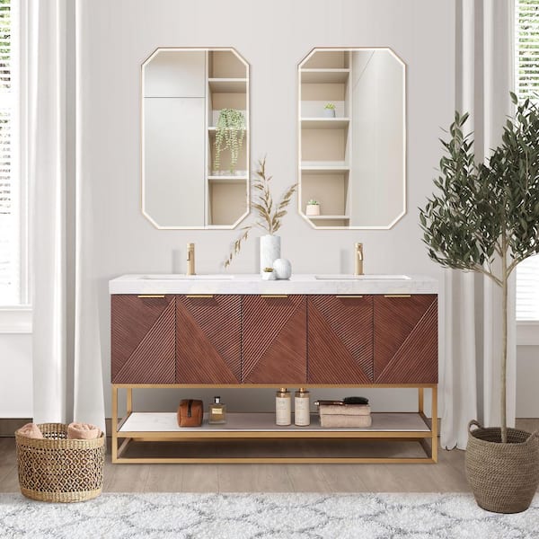 ROSWELL Mahon 60 in.W x 22 in.D x 33.9 in.H Double Sink Bath Vanity in Walnut with White Grain Composite Stone Top