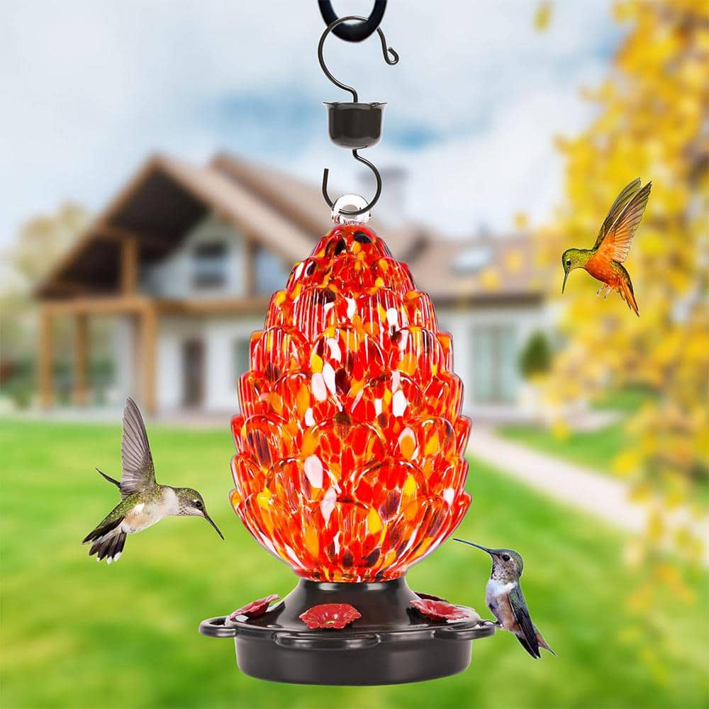 25 fl.oz Red Hand Blown Glass Pine Cone Hummingbird Feeder