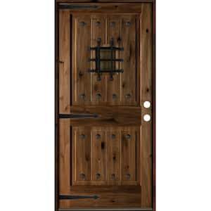 36 in. x 80 in. Mediterranean Knotty Alder Square Top Provincial Stain Left-Hand Inswing Wood Single Prehung Front Door