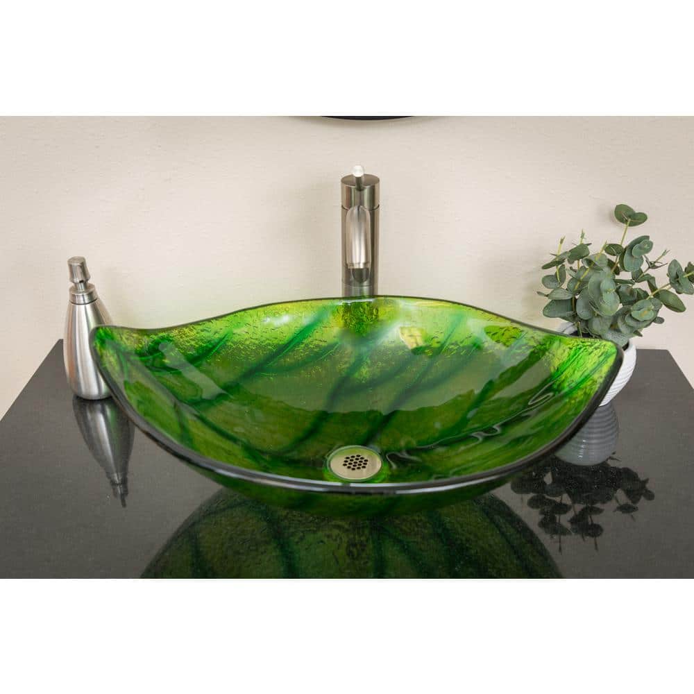 Green Leaf Shaped Tempered Glass Vessel Sink