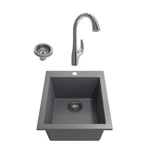 Campino Uno Concrete Gray Granite Composite 16 in. Single Bowl Dual Mount Bar Sink with Faucet
