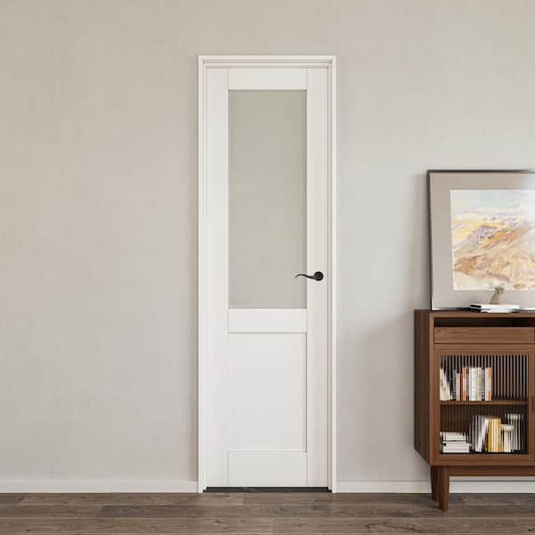 24 in. x 80 in. 1/2-Lite Frosted Glass Left-Handed White Solid Core Single Door Kit with Quick Assemble Jamb