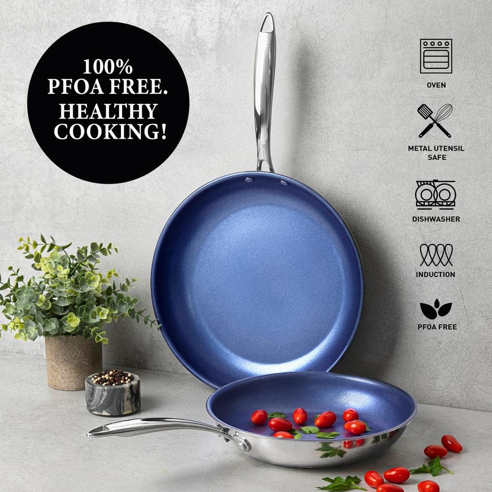 Blue Stainless Steel Nonstick 10" & 11" Fry Pan Set