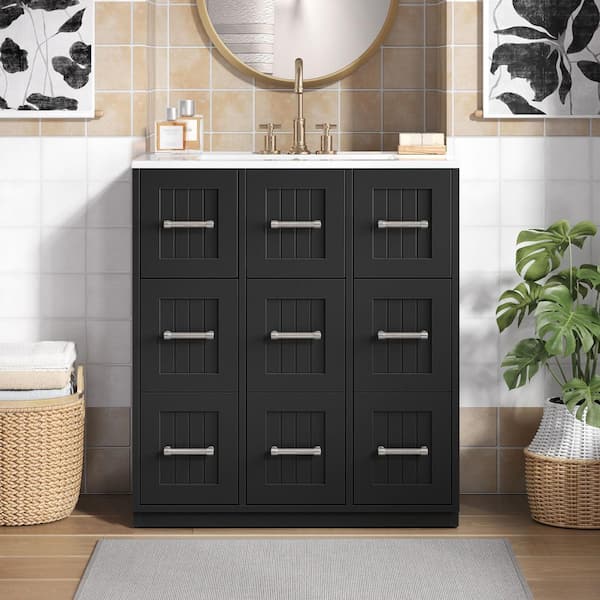 Staykiwi 30 in. W x 18.4 in. D x 34 in. H. Single Sink Freestanding Bathroom Vanity in Black with White Ceramic Top