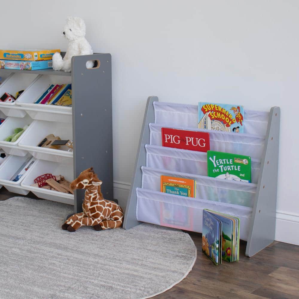 Gray and White Kids 4-Tier Fabric Book Rack