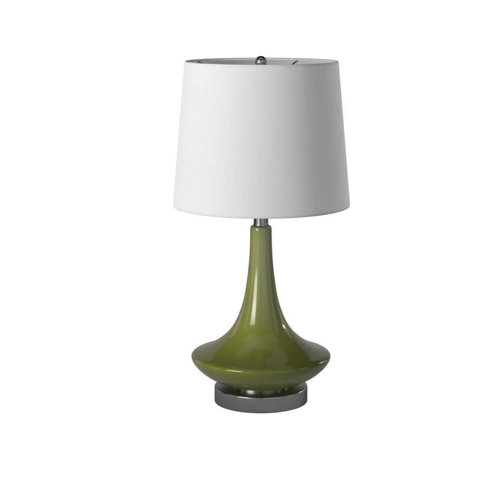 Green Glass Table Lamp with White Fabric Shade