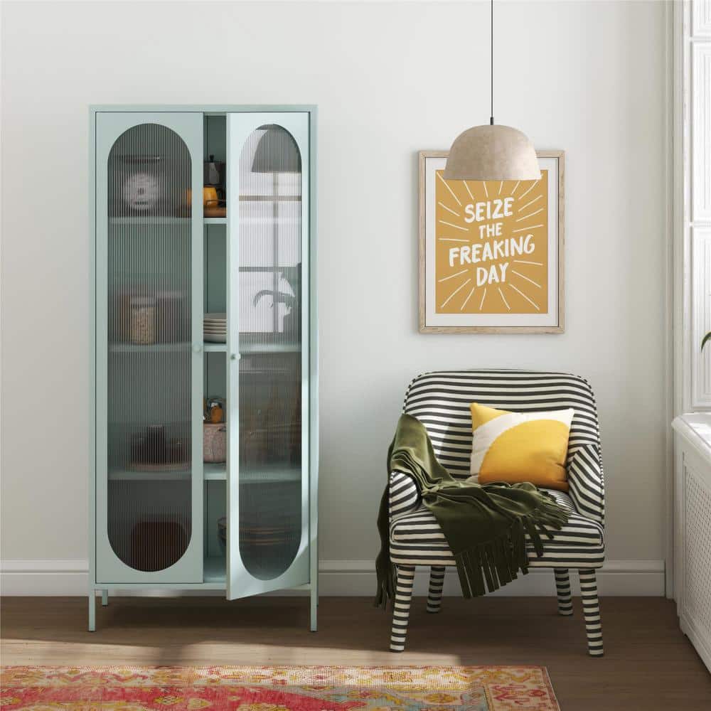 Sky Blue Tall Metal Accent Cabinet with Fluted Glass Doors