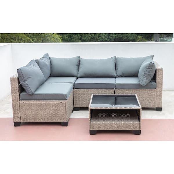 5-Piece Wicker & Metal Outdoor Patio Conversation Sectional Seating Set with Coffee Table and Gray Cushions