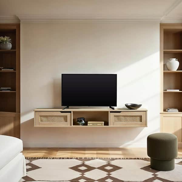 58 in. Coastal Oak Wood Modern Floating TV Stand with 2 Faux Rattan Doors Fits TVs up to 65 in.