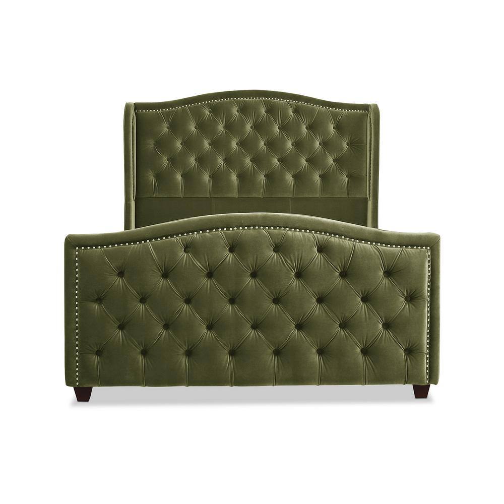 Elegant Olive Green Velvet Queen Bed with Nailhead Trim