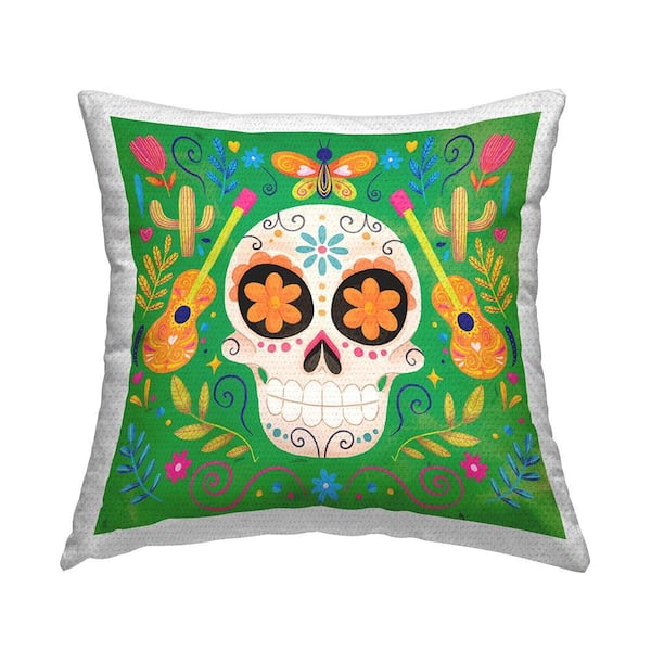 Green Day Of Dead Patterned Skull Green Square Outdoor Throw Pillow