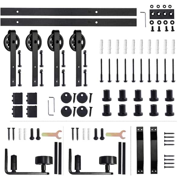 WELLHOME 10 ft. Big Wheel Black Solid Steel Double Sliding Barn Door Hardware Kit with 8 Setup Options Floor Guide and Handles