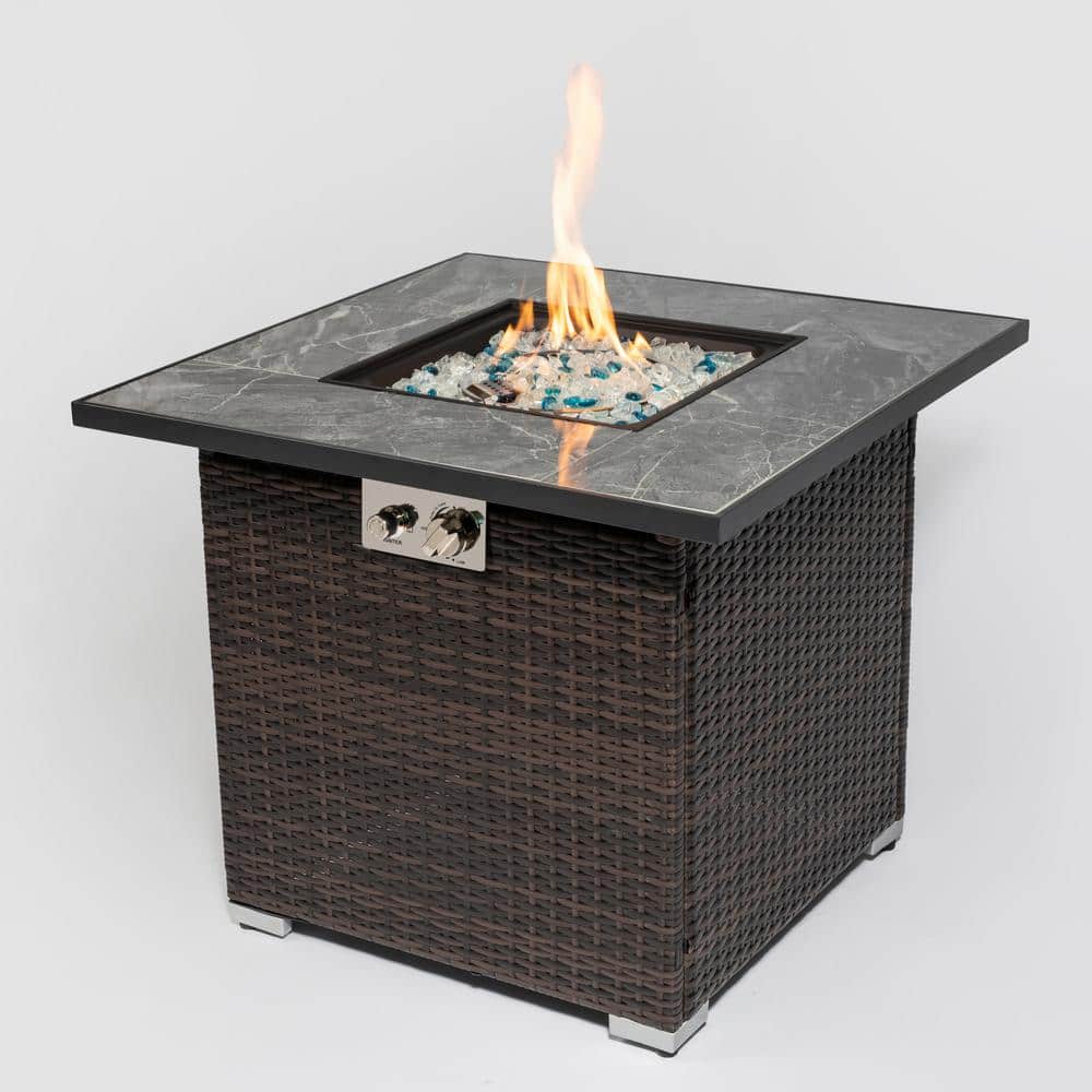30 in. Outdoor Fire Table Propane, Wicker Gas Fire Pit Table with Lid Gas, 