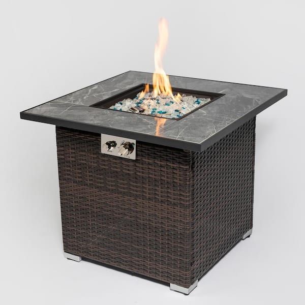 Unbranded 30 in. Outdoor Fire Table Propane, Wicker Gas Fire Pit Table with Lid Gas, Glass Rocks and Rain Cover