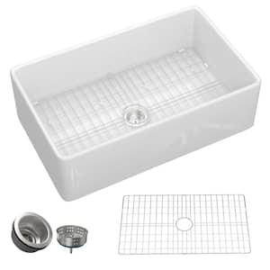 Mac 33 in. Wx 20 in. L Farmhouse Apron Front Single Bowl White Kitchen Sink Fireclay Deep Farm Sink / Grid and Strainer