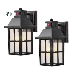 Black 1-Light Motion Sensing Dusk to Dawn Outdoor Hardwired Exterior Wall Light Lantern Sconce for Porch, Patio (2-Pack)