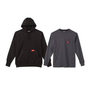 Men's Large Black Heavy Duty Cotton/Polyester Long-Sleeve Hoodie and Men's 2X-Large Gray Long-Sleeve Pocket T-Shirt