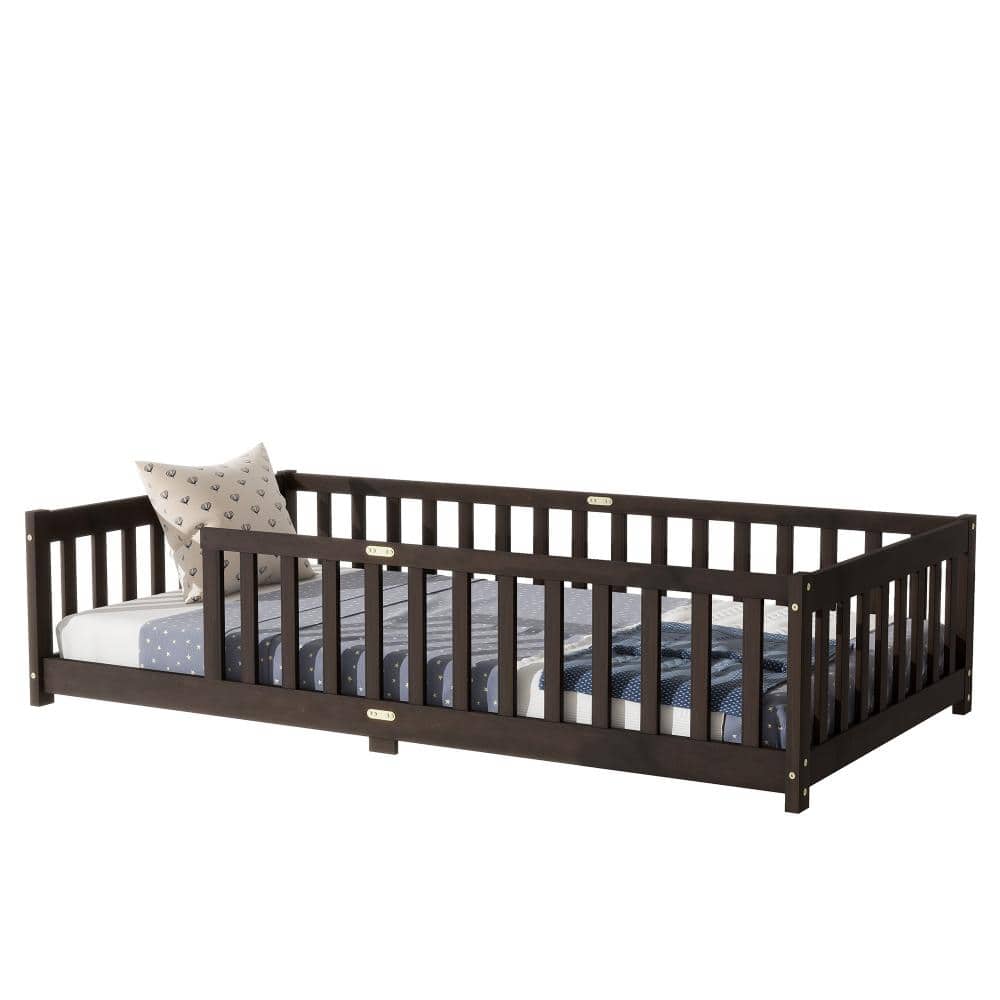 Espresso Rubber Wood Twin Floor Bed Frame with Safety Guardrails and Slats durable construction