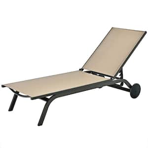 Black Metal Patio Outdoor Lounge Chair Recliner Chaise Lounge with Wheels