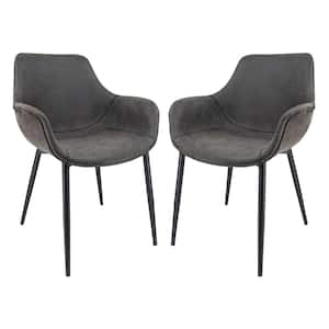 Markley Charcoal Black Modern Leather Dining Arm Chair with Black Metal Legs (Set of 2)