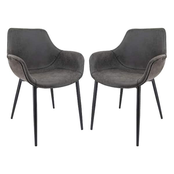 Leisuremod Markley Charcoal Black Modern Leather Dining Arm Chair with Black Metal Legs (Set of 2)