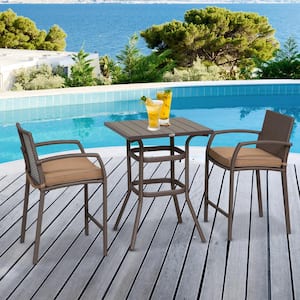 Brown 3-Piece Plastic Rattan Wicker Square Outdoor Bistro Set with 2 Chairs and 1 Center Table