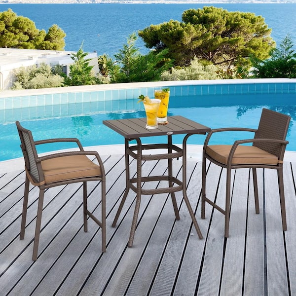 Outsunny Brown 3-Piece Plastic Rattan Wicker Square Outdoor Bistro Set with 2 Chairs and 1 Center Table