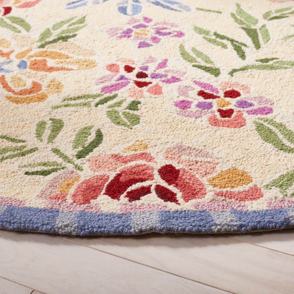 Elegant Ivory Floral Handmade Wool 8' x 8' Round Rug