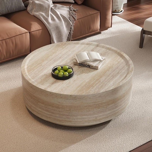Torlen Modern 37 in. Beige Faux Marble Mars Pattern Round Drum MDF Wood Coffee Table